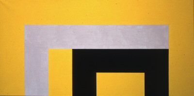 Hvid og sort p gul bund 1978. Tempera p lrred. Sren Birk Pedersen.